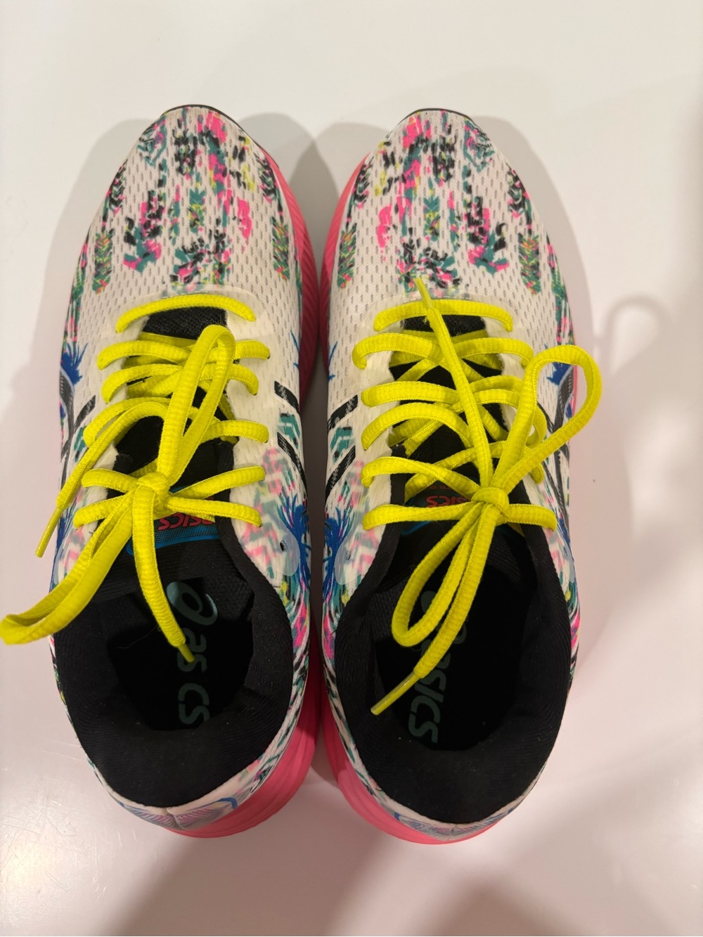 ASICS Woman White Multicolor Knit Sneakers with Neon Yellow Laces